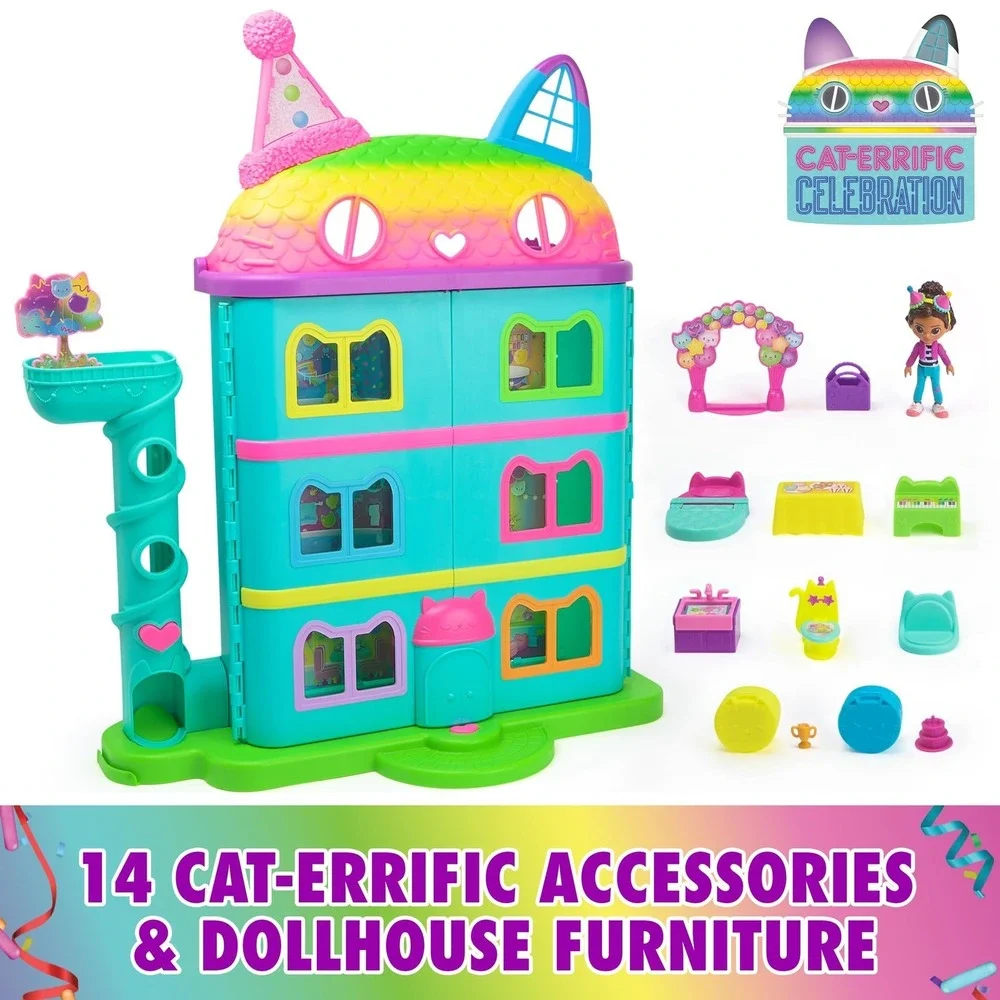 DREAMWORKS GABBY'S DOLLHOUSE, 14 Pc Celebration Dollhouse, 25-Inches Tall NEW